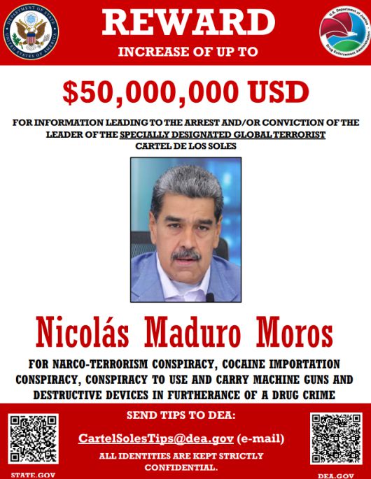 미국 국무부의 니콜라스 마두로 베네수엘라 대통령에 대한 공개수배 전단지. 미 국무부 제공