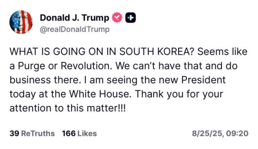 도널드 트럼프 미국 대통령이 한·미정상회담 직전에 트루스소셜에 올린 메시지. 트럼프 대통령은 이후 해당 메시지가 자신의 “오해”였다고 말했다. 트루스소셜 갈무리