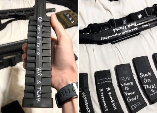 미국 미네소타주 미니애폴리 총격 사건 범인이 유튜브에 올린 영상에서 ‘도널드 트럼프를 죽여라’라고 적힌 탄창을 들고 있다(왼쪽 사진). 소총과 여러 탄창에 각종 메시지와 이름이 적혀 있다. 로이터연합뉴스