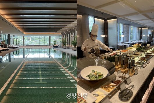 봉은사 뷰가 펼쳐지는 실내 수영장과 신선한 제철 식재료를 맛볼 수 있는 웰니스 다이닝 온테이블.