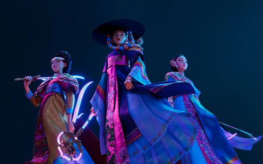 넷플릭스 애니메이션 영화 <케이팝 데몬 헌터스>의 한 장면.  K팝 걸그룹의 전신인 과거 무당들이 악귀를 물리치던 모습. 넷플릭스