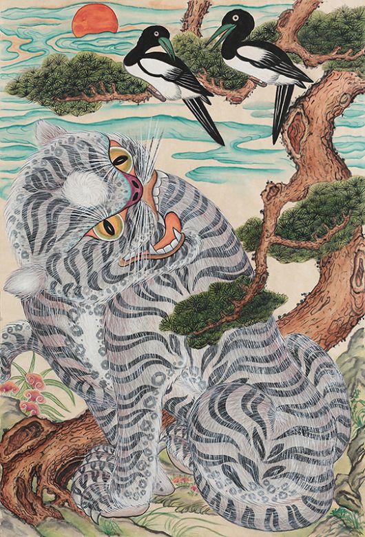 이지녀 만신이 그린 호랑이와 까치 그림. 호랑이와 까치는 무속신앙에서 재앙을 물리치고 좋은 소식을 가져오는 상징으로, 넷플릭스 애니메이션 영화 <케이팝 데몬 헌터스>에도 등장한다. 이지녀 제공