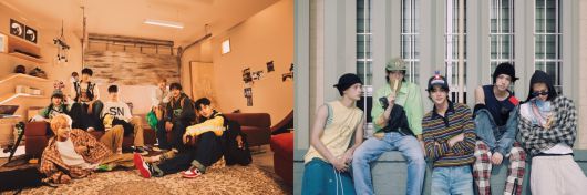 올해 1월 데뷔한 JYP엔터테인먼트의 킥플립(왼쪽), 8월 데뷔한 하이브 산하 레이블 빅히트뮤직의 코르티스. JYP엔터테인먼트·빅히트뮤직 제공