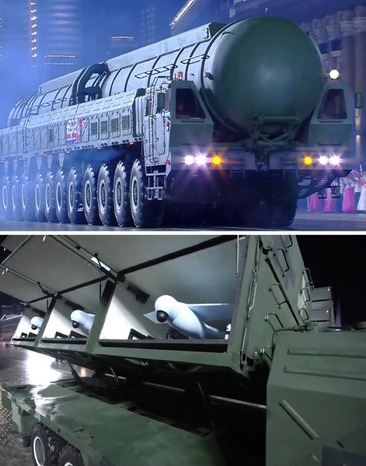 지난 10일 북한 평양에서 열린 노동당 창건 80주년 기념 열병식에 등장한 신형 대륙간탄도미사일(ICBM) ‘화성-20형’(위 사진)과 무인전술공격기(자폭 드론) 발사대. 조선중앙TV연합뉴스