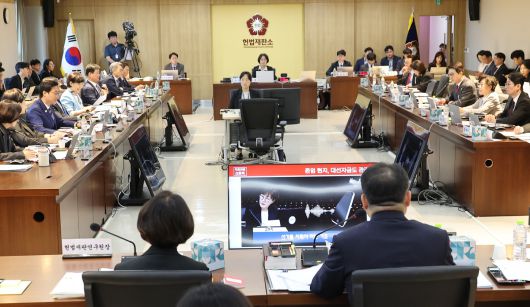 17일 서울 종로구 헌법재판소에서 열린 헌법재판소 등에 대한 국회 법제사법위원회 국정감사에서 신동욱 국민의힘 의원이 김현지 대통령실 제1부속실장 자료화면을 띄운 채 질의하고 있다. 연합뉴스