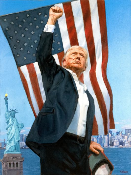 푸틴 대통령이 보낸 초상화. 트럼프 대통령이 암살 위험 속에서  승리 포즈 취하고 있는 모습을 담고 있다. CNN 캡처