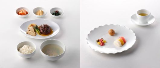 한·중 국빈만찬 메인 요리인 한우 떡갈비 구이(왼쪽)와  한·중 수교 33주년을 표현한 디저트. 대통령실 제공