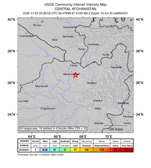 미국지질조사국(USGS)이 제공한 진도 분포도(shakemap). 2일(현지시간) 아프가니스탄 쿨름 남쪽 지역에서 발생한 규모 6.3의 지진 위치가 표시돼 있다. EPA연합뉴스