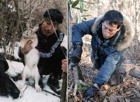 양시종은 야생동물 보호 운동 현장을 가장 많이 누빈 대표적 활동가다. 2000년대 초반 올무에서 구한 토끼를 안고 읶다.(왼쪽) 2007년 지리산국립공 천왕봉 근처 나무에 설치된 올무를 제거하는 모습을. 녹색연합 제공