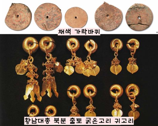 금관이 출토된 황남대총 북분에서 실 뽑는 도구인 가락바퀴가 여럿 확인됐다. 귀고리와 장식 드리개도 여성의 지표유물인 굵은고리귀고리였다.