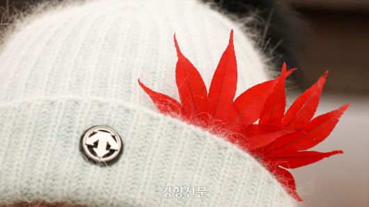 남산을 찾은 한 시민의 모자에 단풍잎이 꽂혀 있다.