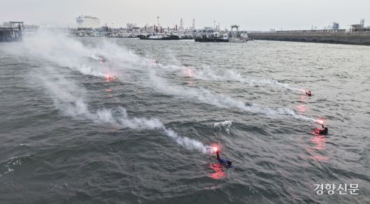 25일 인천 중구 연안여객터미널 앞 해상에서 열린 READY KOREA 4차 훈련에서 해양경찰 등 관계 당국이 조난자 구조 훈련을 하고 있다. 인천|성동훈 기자