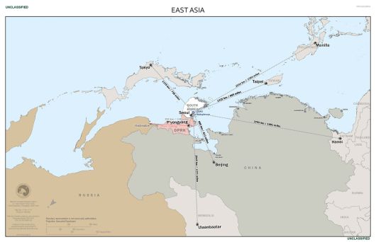 주한미군이 제작한 위아래가 뒤집힌 동아시아 지도. 주한미군 홈페이지