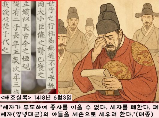 1418년 6월3일 국왕의 중대결단을 조상에게 고하는 대사건이 종묘에서 펼쳐졌다. 세자를 충녕대군(세종)으로 교체한 사건이다. 세자(양녕대군)의 가없는 기행 및 난행을 참다 못한 태종은 이날 폐세자 교서를 발표했다.