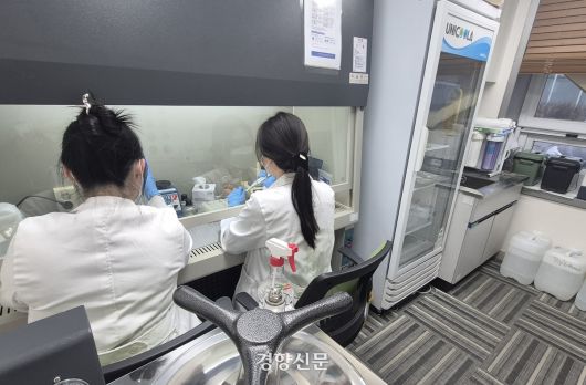 서울잇다푸드뱅크센터 ‘기부물품 위생연구실’ 위생사들이 지난 16일 기부식품에 대한 균 검사를 하고 있다. 류인하 기자