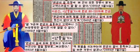 <난중일기>에는 이순신의 ‘지독한 원균 뒷담화’가 엄청 실려있다. 주로 원균의 술주정을 지적하면서 성품이 음흉하고 고약하다고 욕했다.