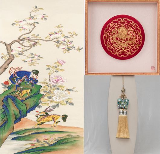 이재명 대통령이 5일(현지시간) 중국 베이징 인민대회당에서 열린 선물교환식에서 시진핑 중국 국가주석 부부에게 선물한 기린도(왼쪽부터 시계방향), 금박 용문 액자, 탐화 노리개. 청와대 제공