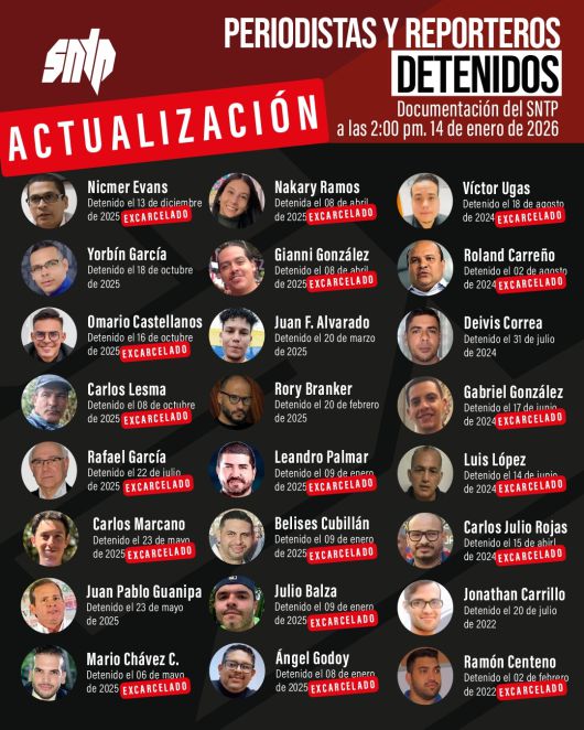 베네수엘라언론노조(SNTP)가 공개한 구금 언론인 명단. SNTP 엑스 갈무리