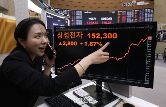 장중 한 때 코스피 지수가 5000포인트를 돌파했던 22일 서울 영등포구 한국거래소에서 직원이 삼성전자 주가를 확인하고 있다. 이날 코스피는 전장보다 42.60포인트(0.87%) 오른 4952.53에 거래를 마감했다. 권도현 기자