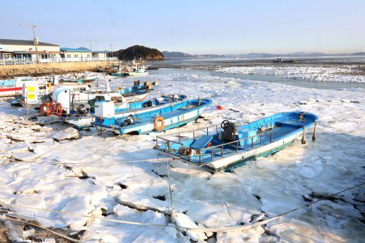 한파가 이어지고 있는 23일 인천 중구 영종도 예단포항 인근 갯벌이 얼어 있다.  연합뉴스