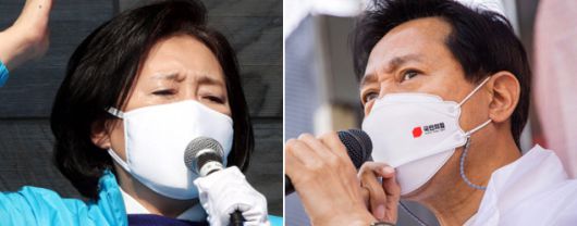 - 박영선 더불어민주당 서울시장 후보가 6일 서대문구 홍제역에서 열린 집중유세에서 연설하며 지지를 호소하고 있다. 오른쪽 사진은 오세훈 국민의힘 서울시장 후보가 같은 날 노원구 상계백병원 앞 사거리에서 유세를 하고 있는 모습.김명국 선임기자 daunso@seoul.co.kr