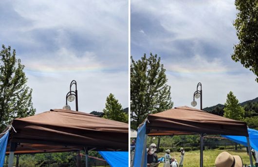 환수평호는 태양 고도각이 58도 이상이고, 털구름 혹은 새털구름으로 불리는 권운 속 얼음 결정이 지면과 평행할 때 태양광이 권운을 통과하면서 굴절돼야만 볼 수 있다./사진=@rikuharu2208 트위터