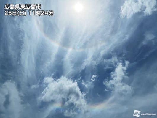 일본 웨더뉴스에 따르면 이날 서일본 하늘에는 보기 드문 헤일로와 환수평호가 동시에 관찰됐다.