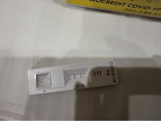 “자가진단키트 양성→보건소 PCR 음성 나왔어요” - A씨가 지난 3일 코로나19 자가진단키트에서 양성을 확인한 모습. 진단키트에서는 코로나19에 감염됐을 경우 두 줄이 뜬다. 이후 A씨 이날 다시 보건소에 가 3차 PCR 검사를 받았고 4일 결국 확진 통보를 받았다. 지역 온라인커뮤니티 캡처