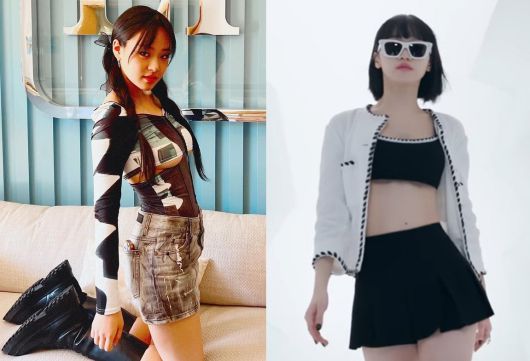 가수 비비(왼쪽)와 걸그룹 르세라핌 멤버 김채원(오른쪽)이 선보인 언더붑 패션. 비비 인스타그램·하이브 레이블스 유튜브 캡처