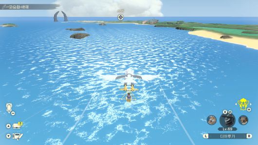 워글을 부르면 비행하며 맵을 돌아다닐 수 있다. 바다 덕분에 시원시원하지만, 자세히 뜯어보면 아쉬움이 남는 그래픽.