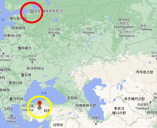 러시아 민간 용병기업 와그너 그룹 본사가 위치한 러시아 상트페테르부르크(빨간색 동그라미)와 튀르키예 수도 앙카라(노란색 동그라미)의 위치를 나타낸 지도. / 사진=구글맵