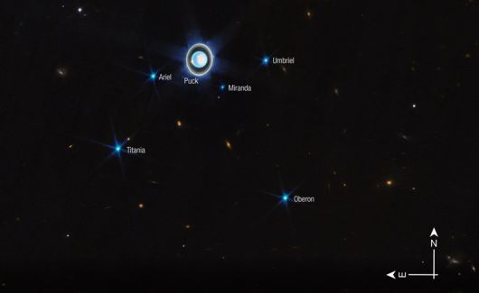 제임스웹이 촬영한 천왕성의 27개 위성 중 6개 위성. 다른 은하들도 배경에 보인다. 사진=NASA, ESA, CSA, STScI