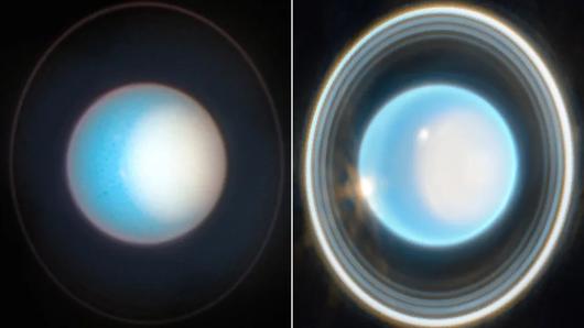 허블우주망원경이 촬영한 천왕성(왼쪽)과 오른쪽은 제임스웹이 촬영한 이미지. NASA