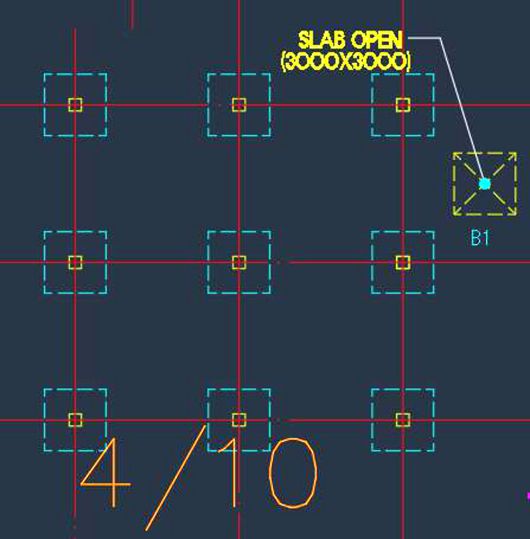 필자가 약 14년 전에 공사에 참여한 무량판 구조의 지하주차장 구조평면도. 기둥(내측 작은 사각형)과 드롭패널(점선으로 표시된 큰 사각형)이 보인다.