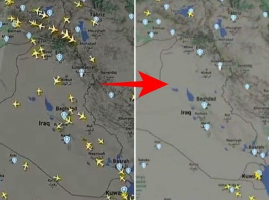 지난 1일, 이란이 이스라엘을 향해 미사일 약 200발을 발사한 뒤 일사분란하게 분쟁지역 상공을 벗어나기 시작한 항공기들. 플라이트레이더24 영상 캡처