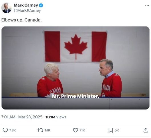 마크 카니(오른쪽) 캐나다 총리가 22일(현지시간) 엑스(X·옛 트위터)에 캐나다 아이스하키 경기를 응원하는 모습이 담긴 선거 캠페인 영상을 공개했다. 엑스 MarkJCarney 캡처