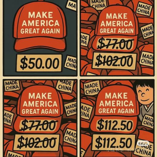 류펑위 주미 중국대사관 대변인은 한술 더 떠서 마가 모자 가격이 기존 50달러의 2배가 넘는 112.50달러까지 뛸 거라는 내용의 밈을 올렸다. 엑스 캡처.