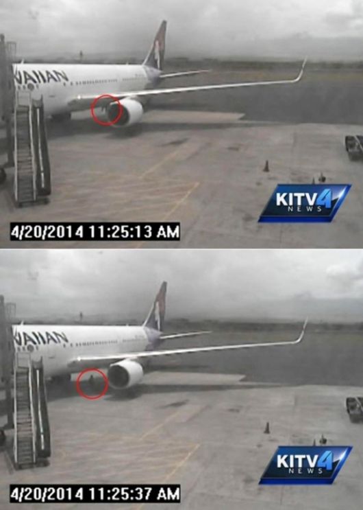 2014년 미국 캘리포니아 산호세발 하와이안 항공기 바퀴에 매달려 하와이까지 총 5시간 넘게 비행한 15세 소년 야히아 압디가 스스로 바퀴 랜딩기어 격납고에서 걸어나오는 모습. 공항 CCTV 캡처