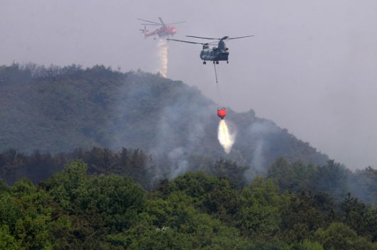 ‘산불 진화’ 헬기의 중요성 - 대구 북구 함지산 산불 이틀째인 29일 오후 산불 진화 작전에 투입된 산림청 헬기와 군용 헬기가 함지산 상공에서 물을 뿌리고 있다. 2025.4.29. 뉴스1