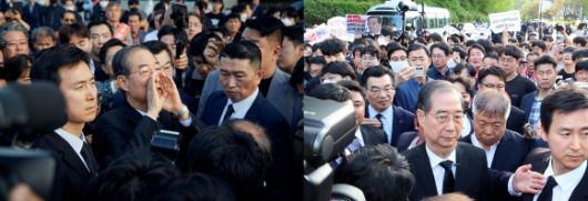 한덕수 전 국무총리가 2일 광주 북구 국립5·18민주묘지에서 광주비상행동 등 시민사회단체의 반발로 발길을 돌렸다. 왼쪽 사진은 한덕수 캠프 제공, 오른쪽 사진은 연합뉴스.