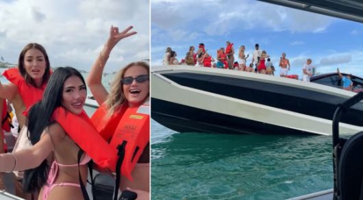 미국 마이애미 비치 근처에서 요트를 타고 있는 비키니 차림의 인플루언서들(왼쪽 사진)이 요트가 침몰하는 위기 상황에도 셀카 찍고 있다. 출처=인스타그램·엑스