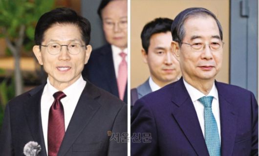 김문수 국민의힘 대선 후보가 7일 서울 종로구의 한 식당에서 한덕수 전 국무총리와 단일화 관련 회동을 가진 뒤 취재진의 질문에 답하고 있다(왼쪽 사진). 오른쪽 사진은 단일화 논의가 결렬된 뒤 한 전 총리가 회담장을 떠나는 모습. 홍윤기 기자