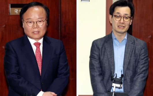 김문수 국민의힘 대선 후보 측 김재원(왼쪽) 비서실장과 한덕수 무소속 대선 예비후보 측 손영택 전 국무총리 비서실장이 9일 서울 여의도 국회에서 단일화 협상을 마치고 각각 취재진의 질문에 답변하고 있다. 2025.05.09 뉴시스