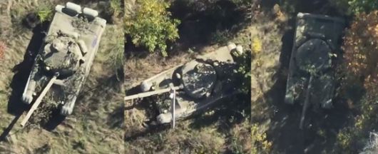 우크라이나군 드론으로 항공 촬영된 러시아의 짝퉁 T-72 탱크들. 자료사진