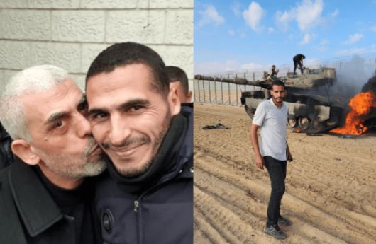 이스라엘군에 살해당한 하마스 지도자 야히야 신와르가 하산 아슬리의 볼에 입맞춤(왼쪽)하며 친분을 과시하고 있다. 아슬리는 가자지구 전쟁의 시발점이 된 2023년 10월 7일 하마스의 이스라엘 남부 습격 당시 장면을 촬영해 소셜미디어에 게시한 것으로 유명하다. 출처=칸바