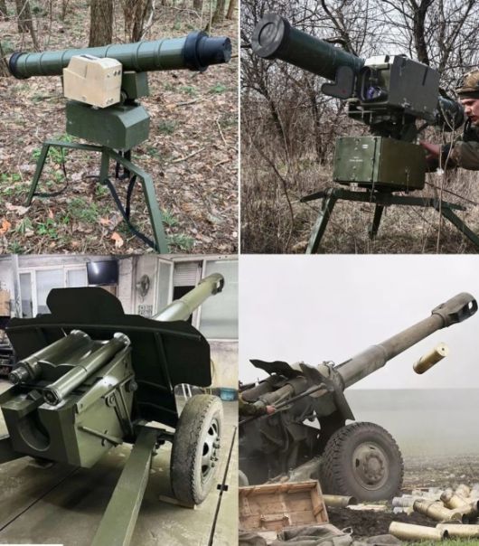 사진 위는 가짜 스투그나(Stugna) 대전차유도미사일 발사대(왼쪽)와 진짜, 아래는 가짜 D-20 곡사포(왼쪽)와 진짜. 자료사진