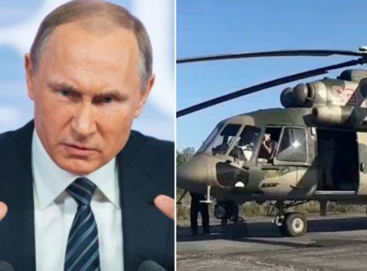왼쪽은 블라디미르 푸틴 러시아 대통령, 오른쪽은 푸틴 대통령이 쿠르스크 전선 방문 시 탑승했던 Mi-8 헬리콥터 자료사진