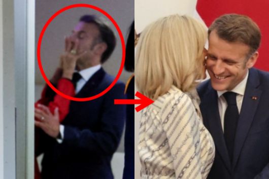 25일 에마뉘엘 마크롱 프랑스 대통령의 얼굴을 브리지트 마크롱 여사가 대통령 전용기 안에서 밀고 있는 모습(왼쪽)과 28일 마크롱 대통령과 브리지트 여사가 인도네시아 자카르타 순방 중에 보인 다정한 모습. 로이터·AFP 연합뉴스