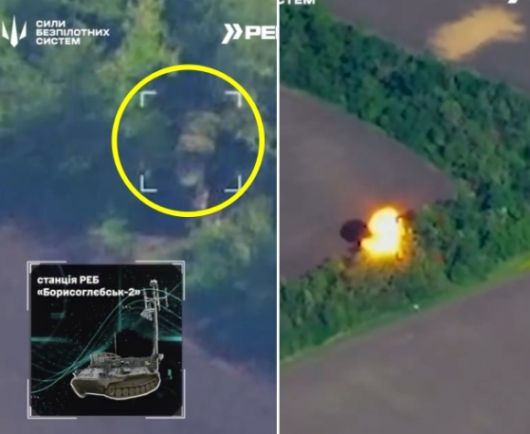 러시아군이 운용하는 최신형 다목적 전자전 시스템이 우크라이나군의 드론에 파괴되는 모습. 우크라이나 드론 부대 텔레그램 캡처