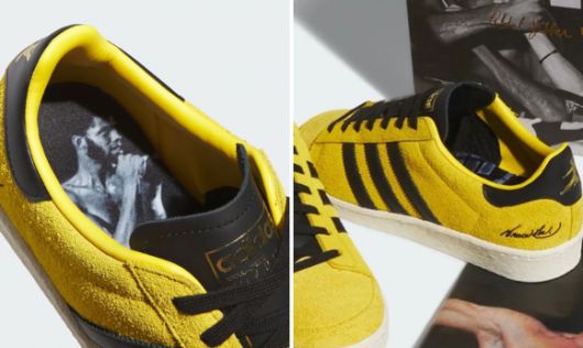 깔창에는 이소룡과 압둘자바가 격투 장면 촬영에 앞서 합을 맞추던 모습이 담긴 스틸컷이 흑백으로 프린트됐습니다. 출처=아디다스